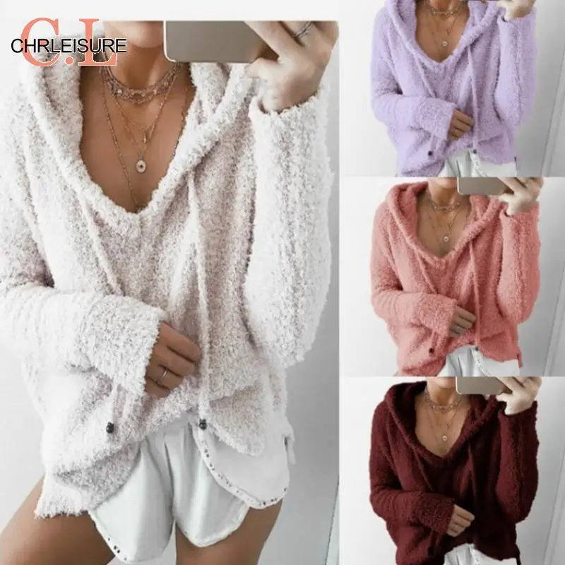 

CHRLEISURE Oversize Loose Hoodies Mohair Hooded Pullovers Sweet Loose Warm Winter Mohair Tops Pullover 2019 v neck hoodie women