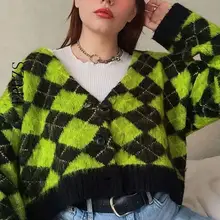 Vintage argyle tejido cárdigan mujeres suéteres kawaii mohair suéter invierno coreano suéter ropa 2020 nuevo