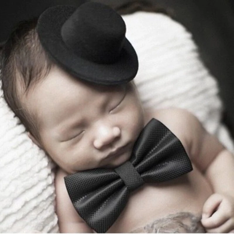 Baby Photography Props Hat Tie Gentleman Set Infant Boys Souvenir Pictures Props Accessories Top Hat Bow Tie