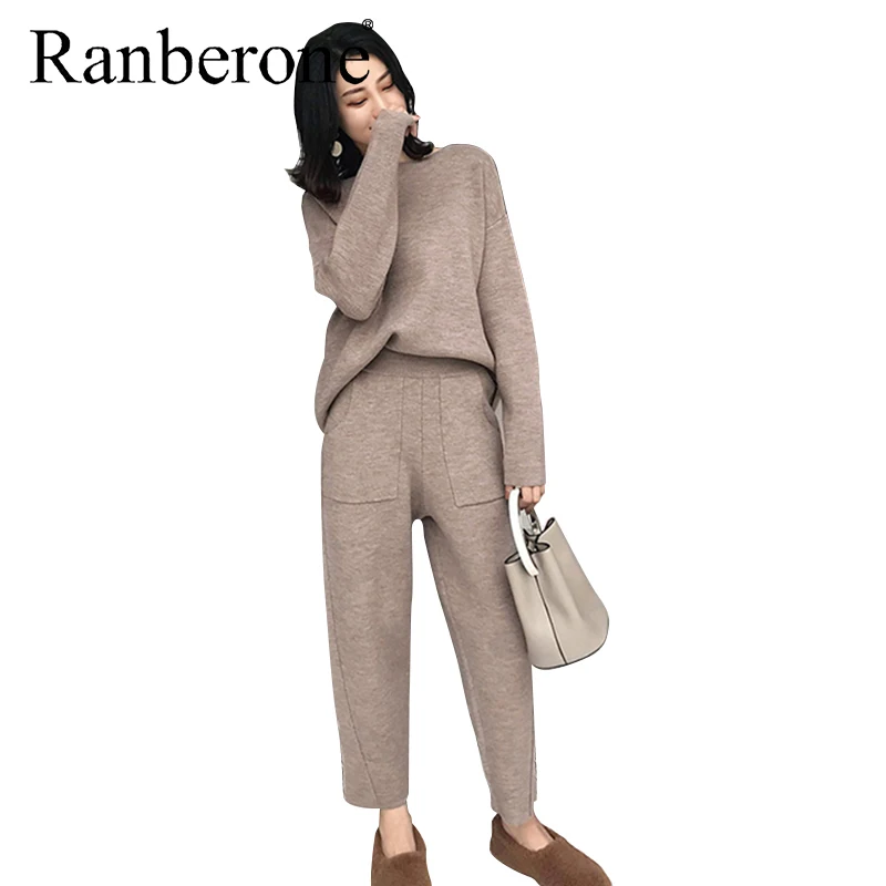 

Women Tracksuit 2 Piece Set Autumn Spring Knitted Tracksuit Solid Color Long Sleeve Top Sweatshirts Pocket Wide Leg Pants Female