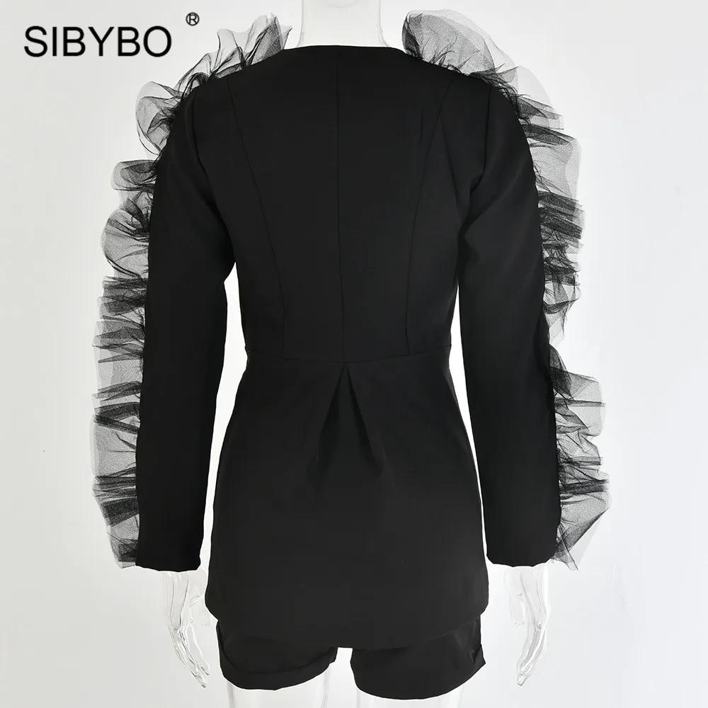 SIBYBO сексуальный женский блейзер с глубоким v-образным вырезом и шорты, комплект с длинным рукавом, весенний комплект из двух предметов, Женский Черный Повседневный Женский комплект