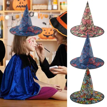 

Besegad Fashion Horror Skull Digital Printed Pattern Witch Wizard Pointed Hats for Halloween Party Cosplay Role Play Costumes