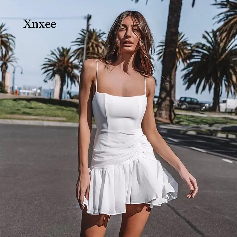 

Elegant Solid Ruffle A-Line Short Dress Women Sexy Spaghetti Strap Summer Sundress Female Mini Dresses Camisole Beach Clothing