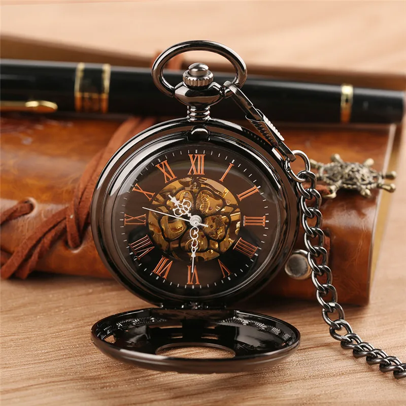 Steampunk Hollow Gear Case Men Women Handwinding Mechanical Pocket Watch Pendant Chain Skeleton Clock Roman Number Half Hunter