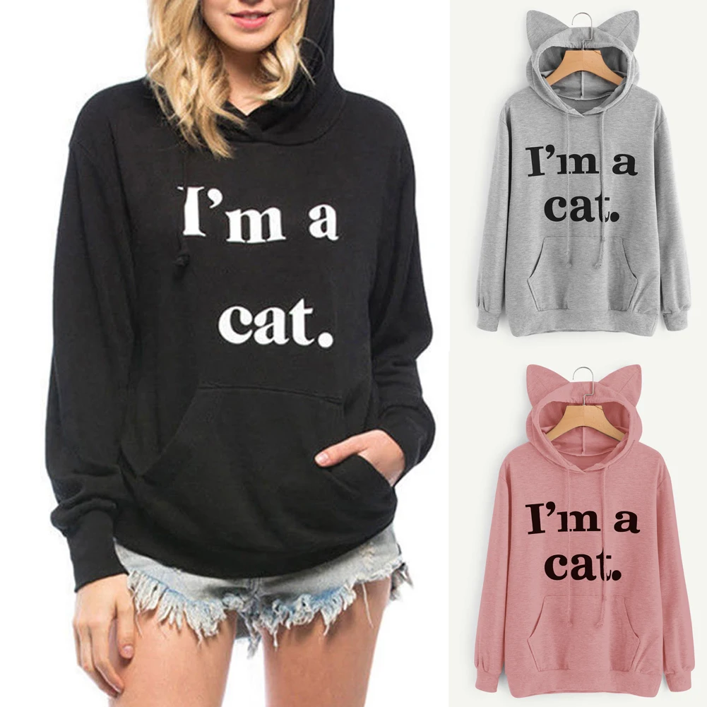 Женский зимний свитер с надписью I am a cat, черный свитер с капюшоном и длинными рукавами, пальто, спортивный пуловер с длинными рукавами, топы, новинка, 4 цвета