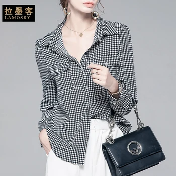 

long sleeve Hong Kong flavor small fragrance retro thousand bird check printed shirt loose large chiffon shirt fashion