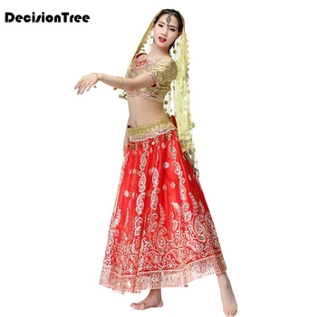 

2020 women belly dance outfits indian dance hand embroidered bollywood costume set top+belt+skirt+sari