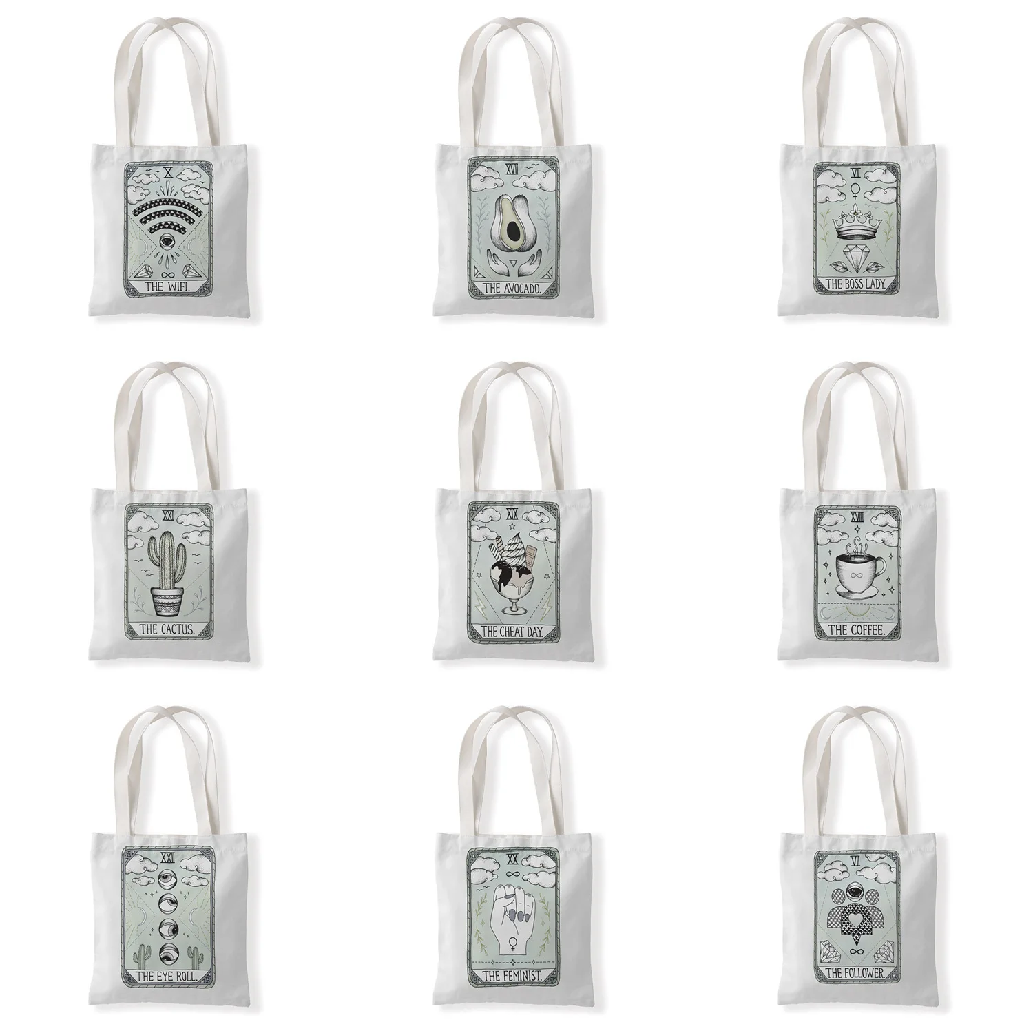 

Women Bag Fashion Canvas Tarot Letter Casual Big Capacity White Green Women Vintage Shoulder Bag