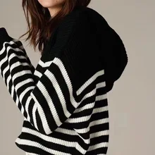 Контрастный полосатый шерстяной вязаный джемпер с капюшоном- Осень Зима Теплый Женский вязаный свитер пуловер с капюшоном