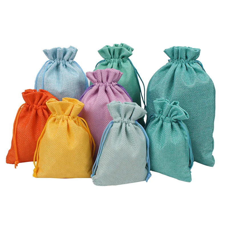 50 Pcs/lot 10x14cm, 13x18cm Colorful Drawstring Burlap Linen Bags Packaging Wedding Candy Pouches For Wedding Party Custom Logo
