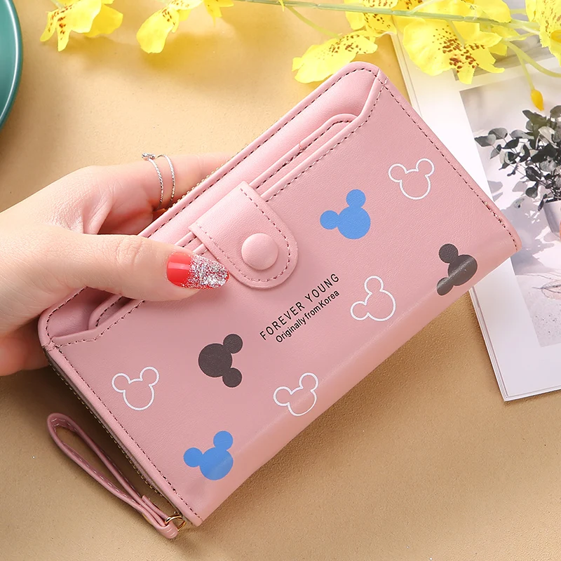 Lovely Mickey Cartoon PU Leather Lady Long Hand Holding Large-Capacity Card Holder Women`s Wallet Girl Fashion Mobile Phone Bag 