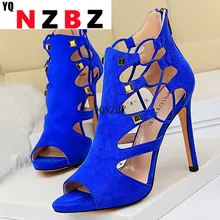 

2022 Summer Designer Women 10.5 Fetish High Heels Sexy Prom Sandals Roman Suede Rivets Mesh Sandals Yellow Blue Heels Lady Shoes