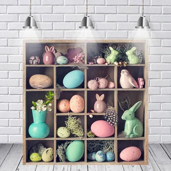 

Wooden Shelves Easter Rabbit Eggs Wooden Floor Photophone Photography Backgrounds Backdrops for Photo Studio Photozone