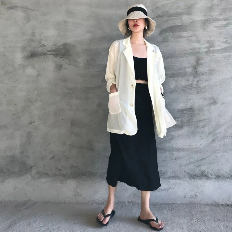 Crescent City~ Korean-style CHIC Laziness-Style Two-Button Suit Coat Women's New Style Loose Thin Sun Shirt