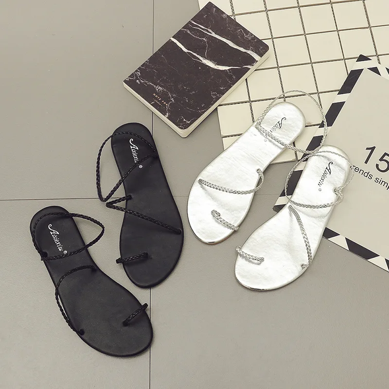 

Sandals Split Toe Flip-flop Bandage Cloth Flat Sandals Twisted Rope Cross Lace-up Women's Rome Sandals