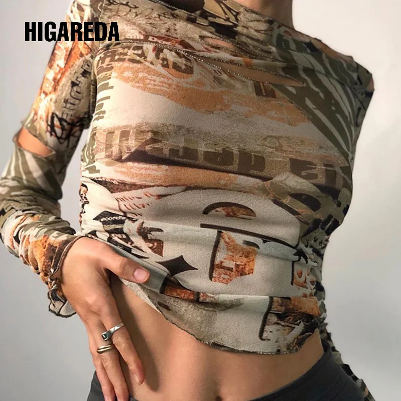 

Casual Print Stacked T Shirt Hole Graphic Shirts 2020 Y2k Soft Fabric Long Sleeve Autumn New clothes Female Tee Streetwear