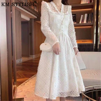 

Women's White Midi A-line Dress 2019 Fall Winter New French Vintage Lace Pearl Buttons Sexy V-neck Fairy One-piece Dress Female
