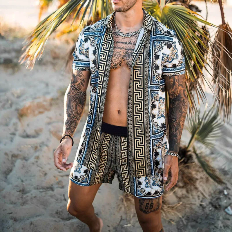 Summer Men Fashion Sets Hawaiian Short Sleeve Casual Shirts Breathable Shorts Beach Male Suits 2 Pieces Streetwear S-3XL