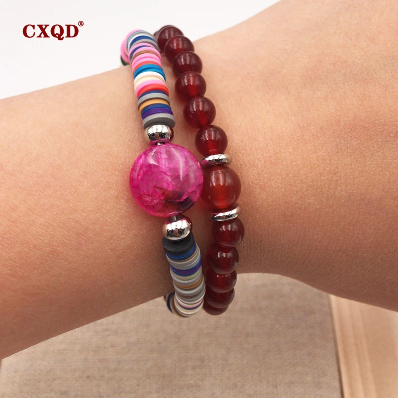 

CXQD New Design Stainless Steel Crystal Natural Stone Polymer clay Beaded Elastic Bracelet For Women Handmade Smart Jewelry Gift