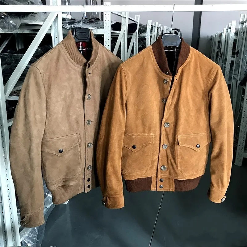

Vintage Cow Suede Jacket Men Genuine Leather Bomber Jackets Stand Collar Single Breasted Solid Pilot Coats Male Fashion Overcoat
