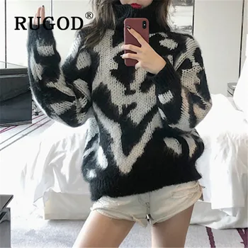 

RUGOD Knit Leopard Cashmere Sweater Turtleneck Pullover Jumper Winter Tops For Women Korean Style Womens Sweaters 2019 Knitwear