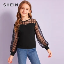 SHEIN Kiddie/черная Повседневная Блузка с контрастной сеткой на плечах детские топы года, Осенние Блузы с длинными рукавами и пуговицами сзади для подростков