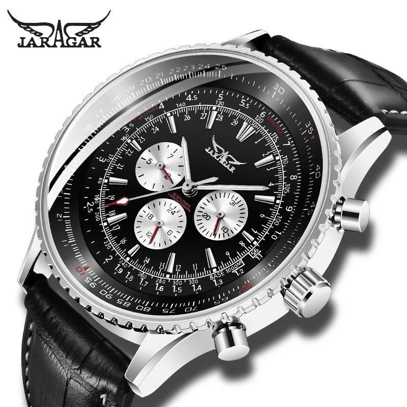 

Luxury Brand JARAGAR Men Mechanical Watches Men's Automatic 6 Hands Genuine Leather Strap Watches Black Auto Date Wristwatch