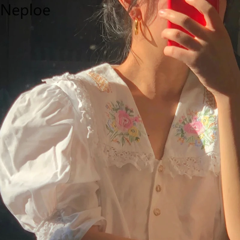 Женская кружевная блузка с цветочным принтом Neploe однобортная пышными рукавами