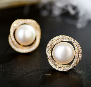 

18K Gold Plating With Zirconia 925 Silver Freshwater Pearl Stud Earrings