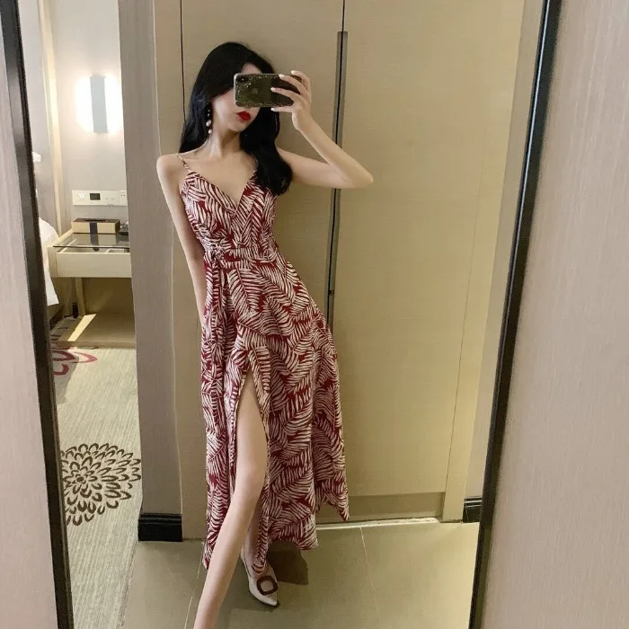 

Summer New Style Korean-style Fashion Debutante Sexy V-neck Backless Waist Hugging Slimming Slit Holiday Strapped Dress Women's