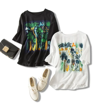 

T shirts Women Cotton Patchwork Silk O Neck Print Top Women Casual Short Sleeve Shirt For Women Basic Elegant New Fashion