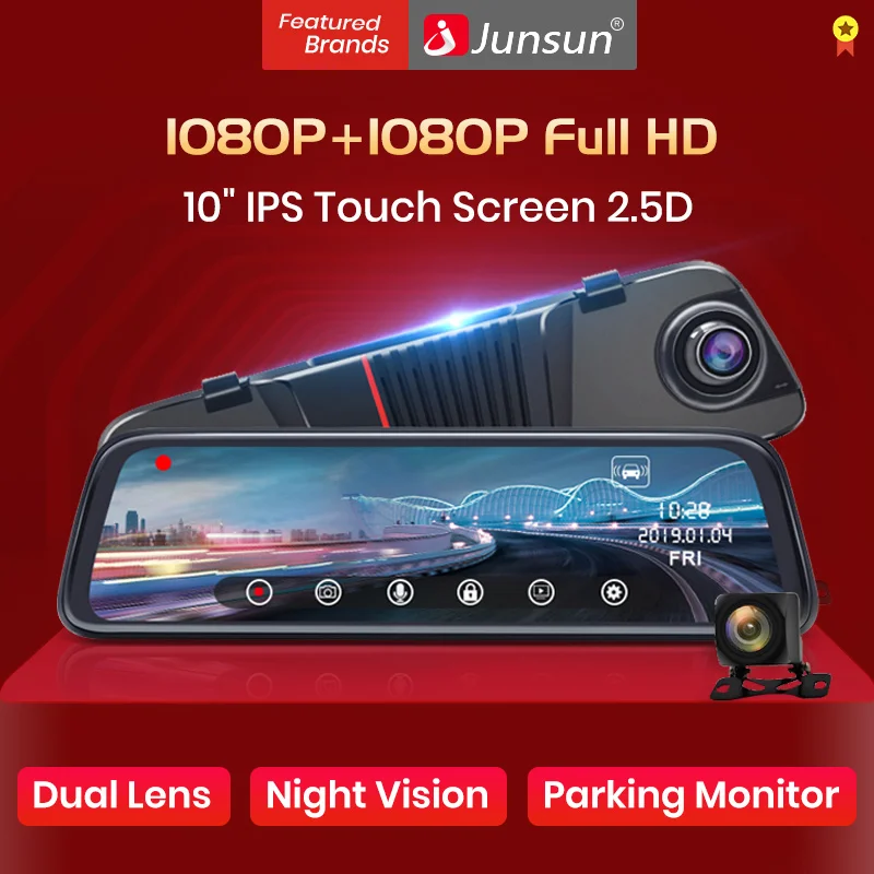 Junsun 1" ips сенсорный экран 2.5D FHD 1080P Автомобильный видеорегистратор поток зеркало заднего вида тире камера двойной объектив ночное видение парковочный монитор