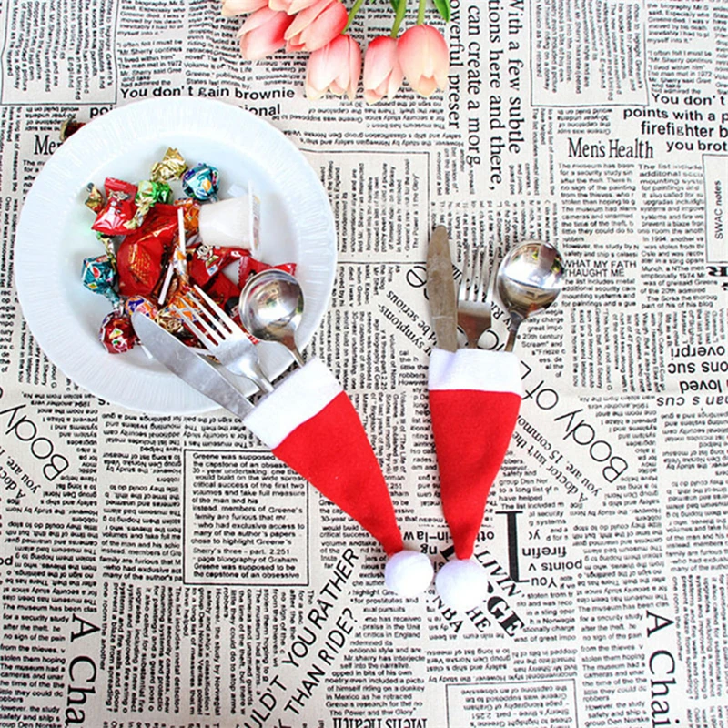 

10Pcs Cutlery Knifes Forks Bags Christmas Decorations For Home Mini Xmas Hat Dinner Table Decor New Year Decorations Christmas