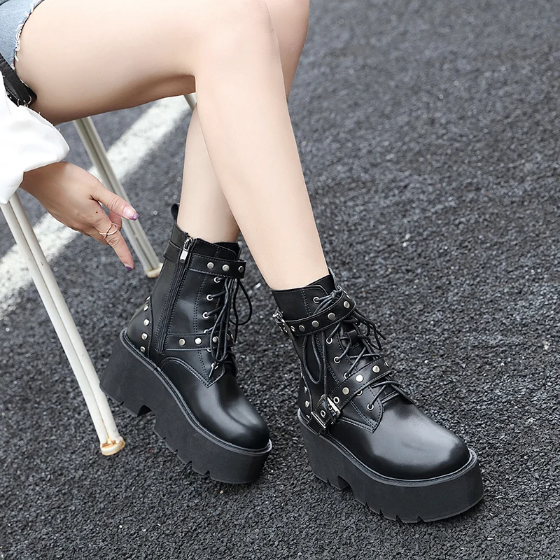 Women Punk Gothic Lace Up Belts  Low Heel Short Ankle Martin Boots Booties Black 