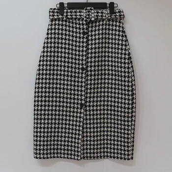 

Women Skirts Vintage Elegant Tweed Houndstooth Midi Skirt With Belt Fashion Office Ladies Chic Plaid Split Skirt