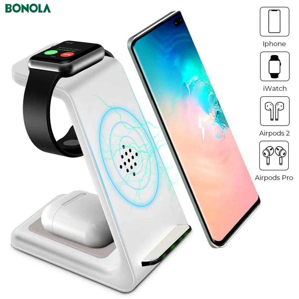 Bonola White 3 in 1 Fast Wireless Chargeing Stand for iPhone 11/XS/8/AirPods Pro Wireless Charger Dock for Apple Watch 5/4/3/2/1