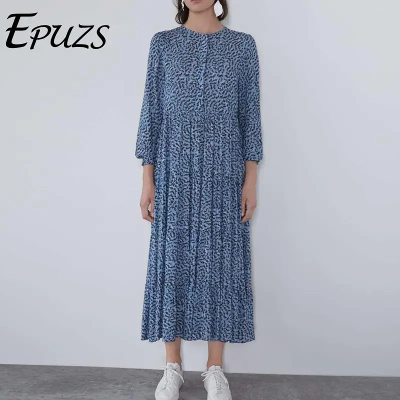 Online Vintage bohemio azul Floral maxi Vestido Mujer otoño robe mujer Retro manga larga suelta vestido plisado Vestidos Coreanos