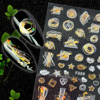 

Newest F659 black white and laser gold line circle design nail sticker decal stamping back gule DIY nail decoration tools