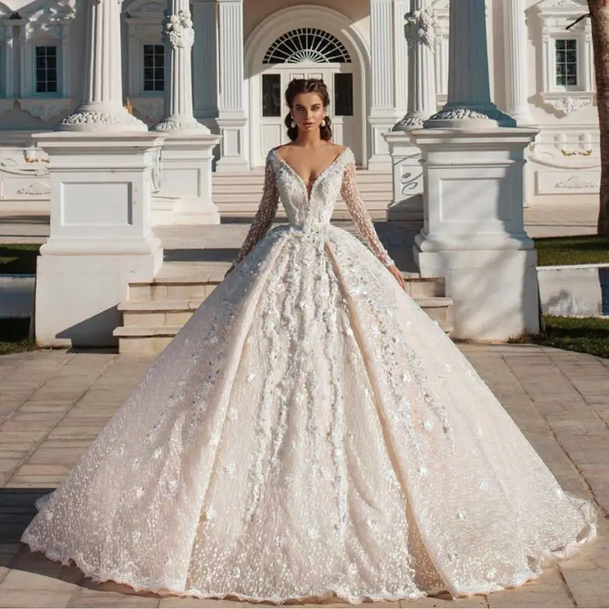 Аманда дизайн vestido novia sirena кружева 3D цветы с длинным рукавом сексуальное v-образным вырезом Свадебное платье