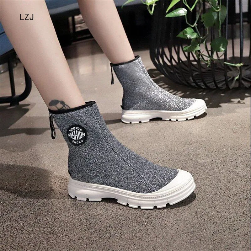 LZJ 2019 Winter Women Ankle Boot New Fashion Flock Wedge Platform Warm Back Zipper Snow Boots Shoes for Female Size 35-40 | Обувь