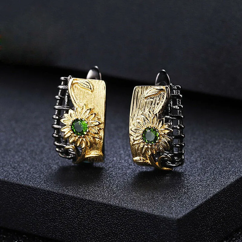 Vintage Fence Hoop Earrings Shellhard Punk Gold Color Green Crystal Sun Flower Earring Femme Bijoux Charms Boho Jewelry O5T250