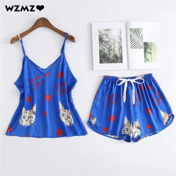 

Cute Cats Printed Women's Pajamas Sets Sexy Sleeveless Sleepwear + Casual Elastic Waist Shorts Summer Cartoon Chiffon Homewear