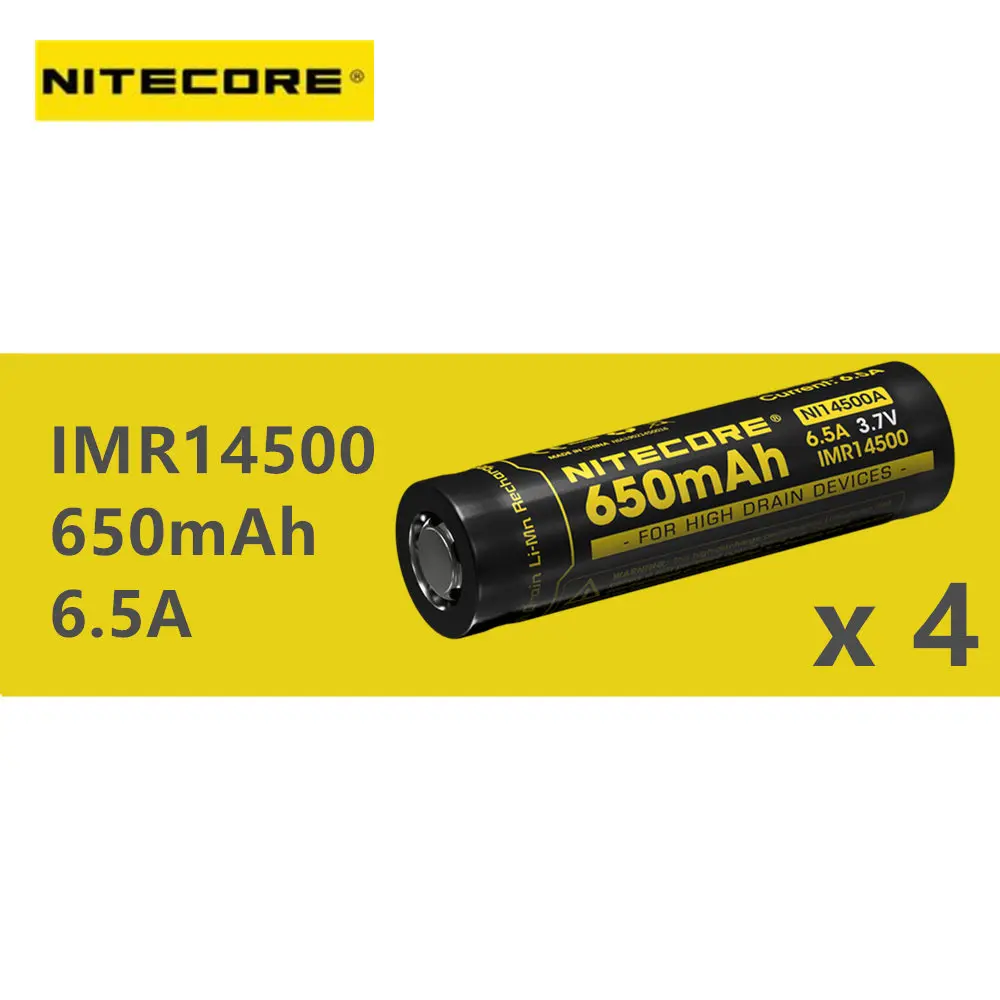 Оригинальный 4 шт. NITECORE IMR 14500 650 мАч 6.5A аккумуляторная батарея для ecig flashilght факел