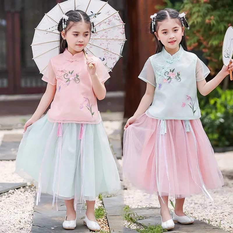 

Embroidered Chinese Clothing Summer Little Girl Girls Immortal Jacket Skirt Lace Set Children Wind Thin Childrenswear fu gu qun