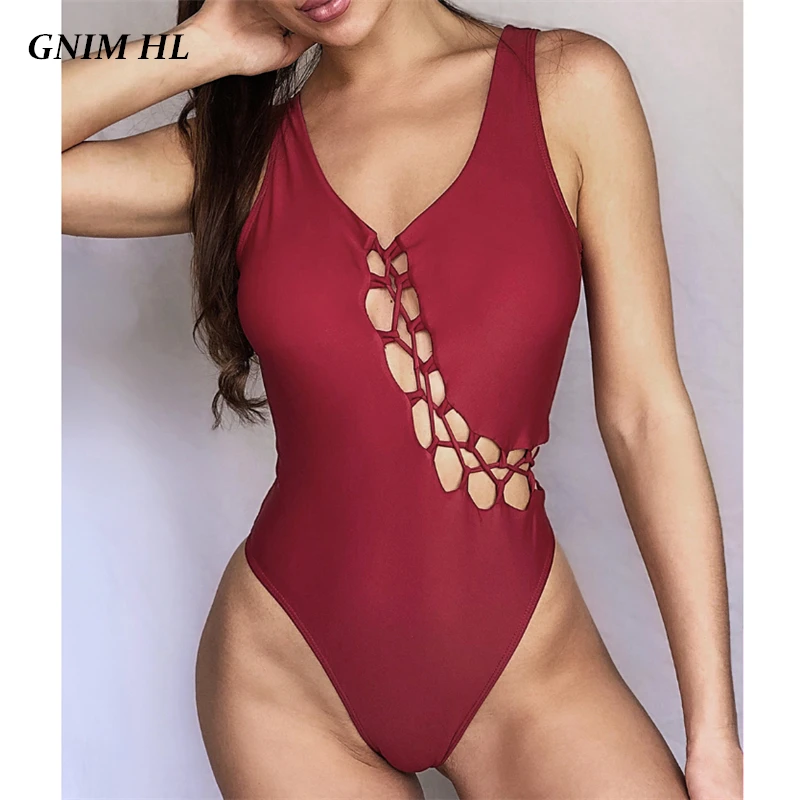 

GNIM Bandage Bikini Swimwear Women 2020 Hollow Out Brazilian Swimsuit Female One Piece Solid Bathing Suit Beachwear Biquini New