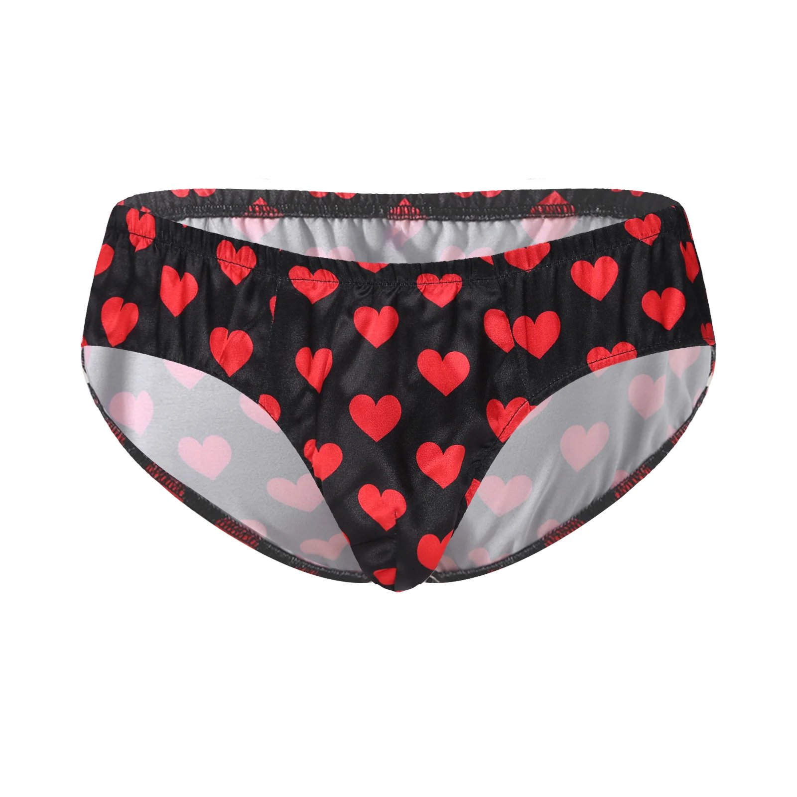 Men Heart Printed Satin Briefs Underwear Elastic Waistband Bulge Pouch