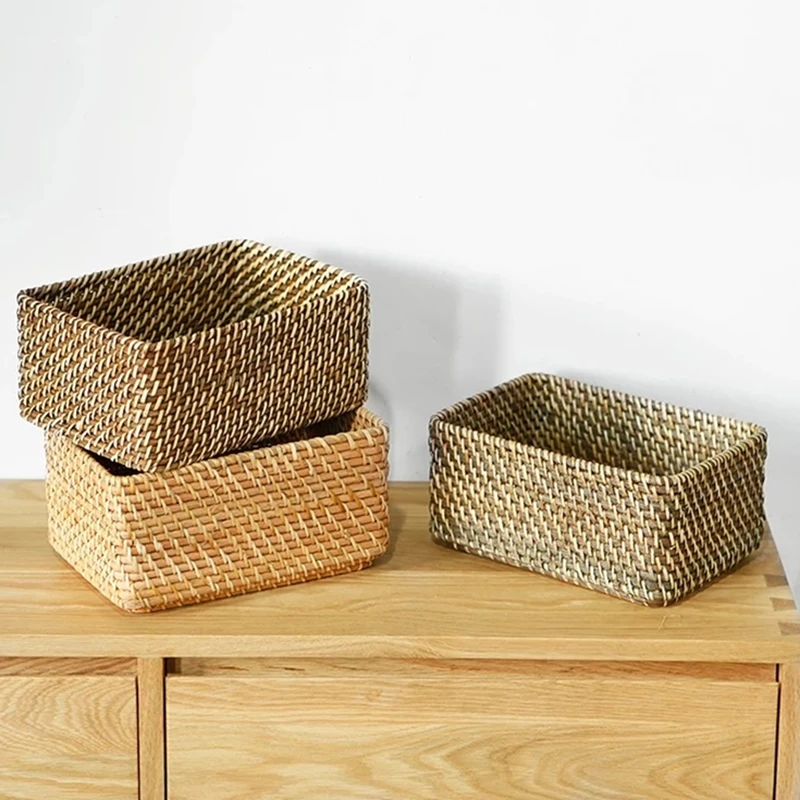 Tabletop storage basket handmade rattan woven sundry tableware tea set storage basket restaurant interior home decoration