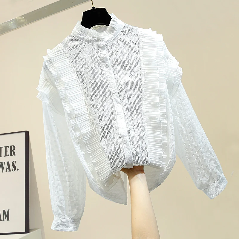 

Sequined Frilled Panel Lace Stand-Collar Shirt Women's Sweet Single Breasted Shirt Blouse Women Blusas Mujer De Moda 2020