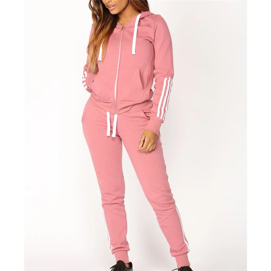 

Fall Tracksuit Women Fashion Stripe Zipper Women 2019 Long Sleeve Pullove Sport Tops+Long Pants Set Female Lace Work Trousers A9