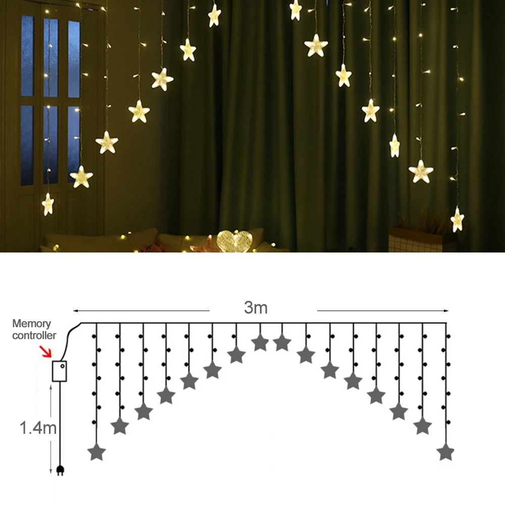3 м рождественское освещение 220 В романтическая сказочная звезда светодиодный гирлянда для занавесок для дома спальни Свадебные гирлянды вечерние украшения